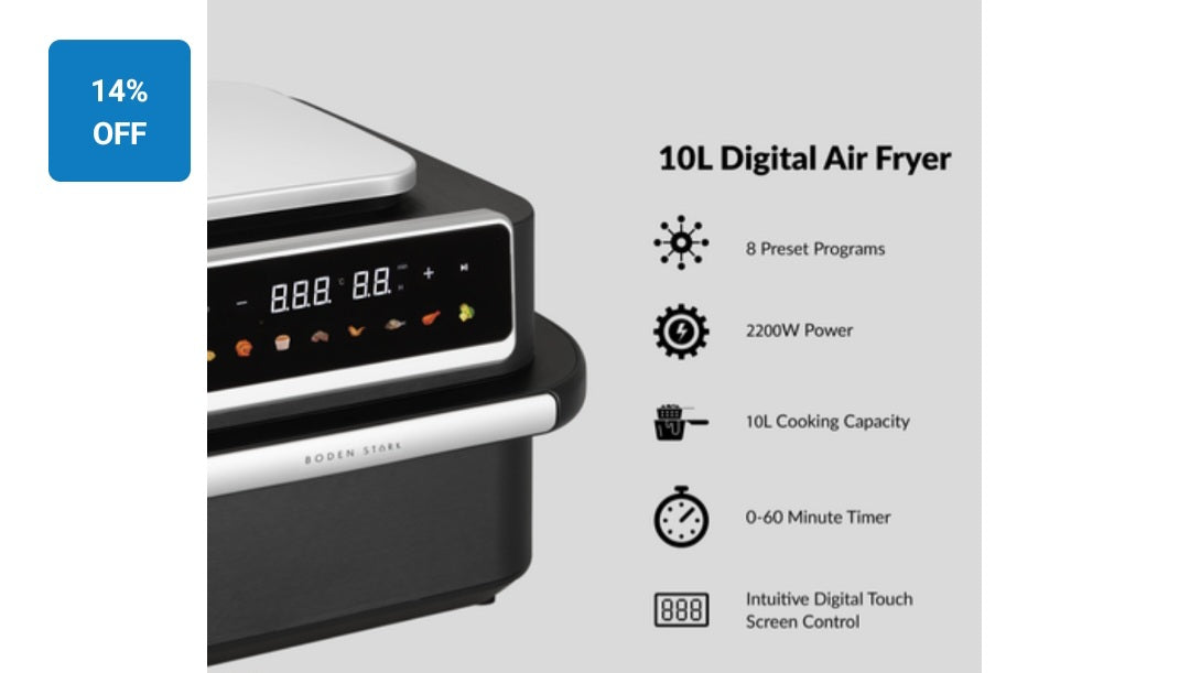 Boden Stark 10L 2200W Digital Air Fryer with Touch Screen, 8 Presets