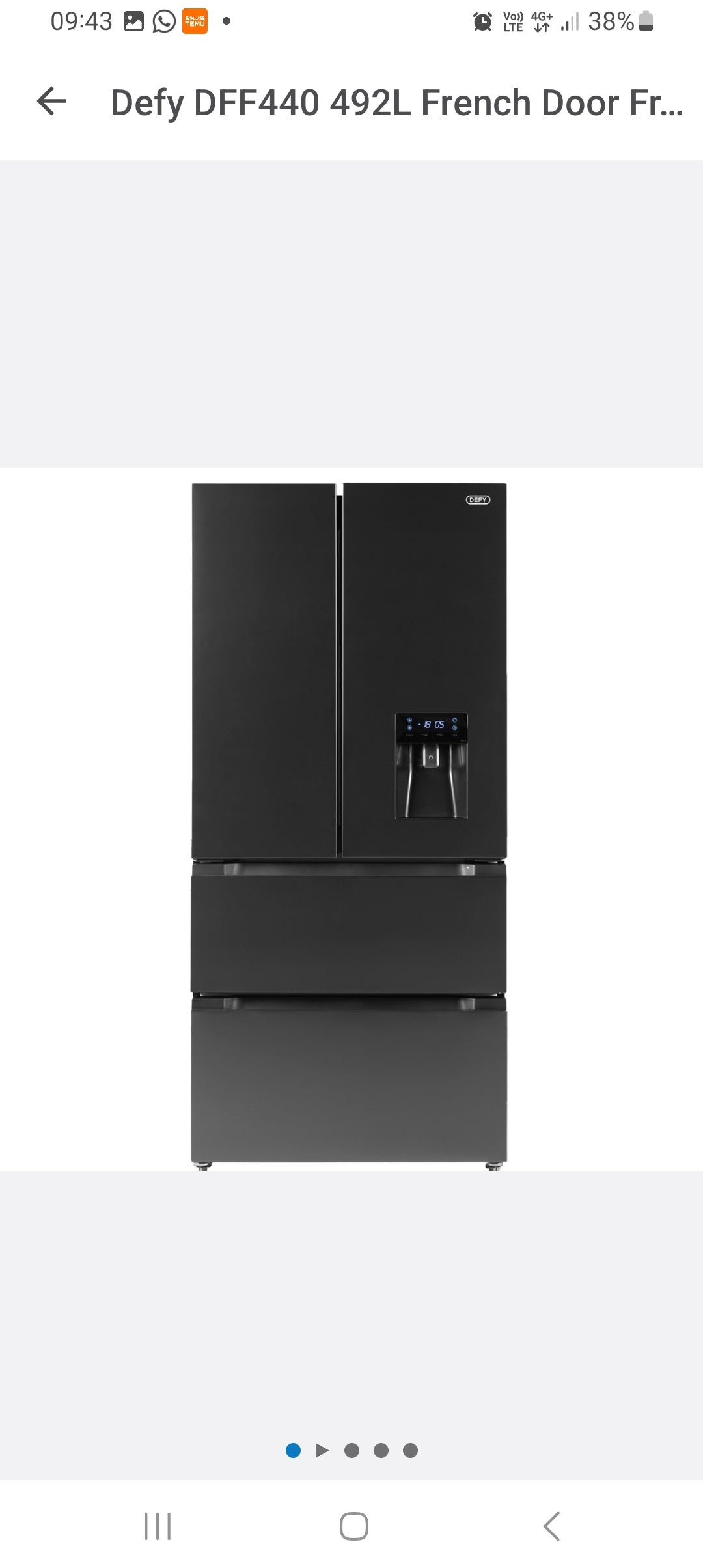 Defy DFF440 492L French Door Fridge with Water Dispense Onyx