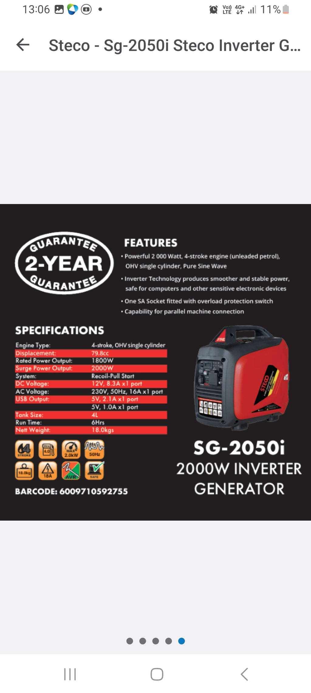 Steco - Sg-2050i Steco Inverter Generator 2000w