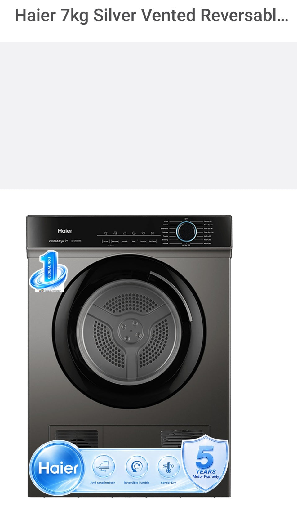 Haier 7kg Silver Vented Reversable Tumble Dryer Sensory Dry HD70-V939S8