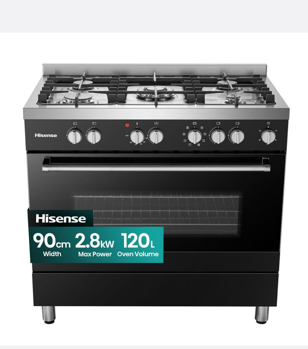 Hisense 90cm 5 Burner Gas/Electric Stove - Black