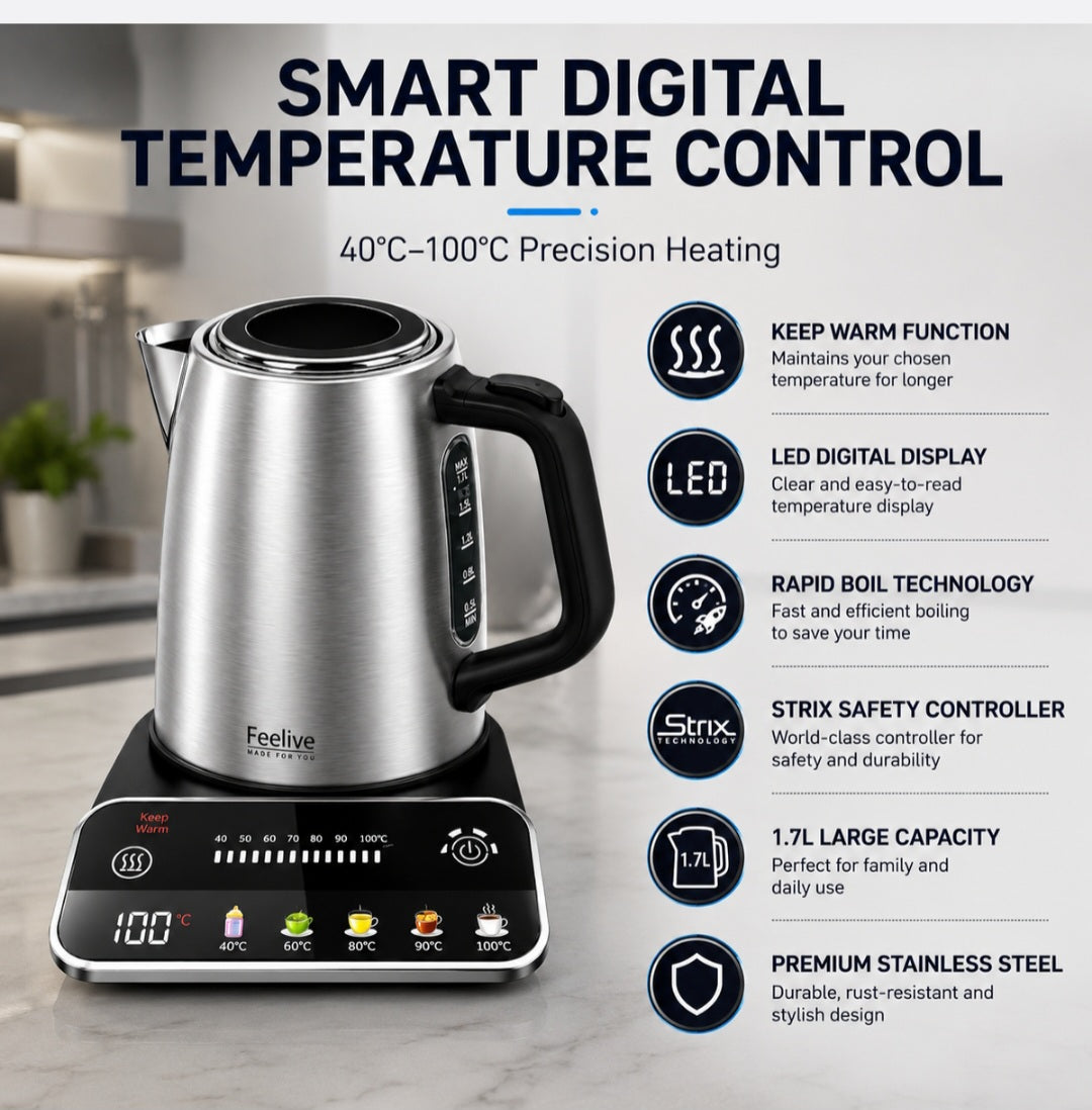Feelive Smart Digital Stainless Steel Kettle 1.7L with Temperature Control