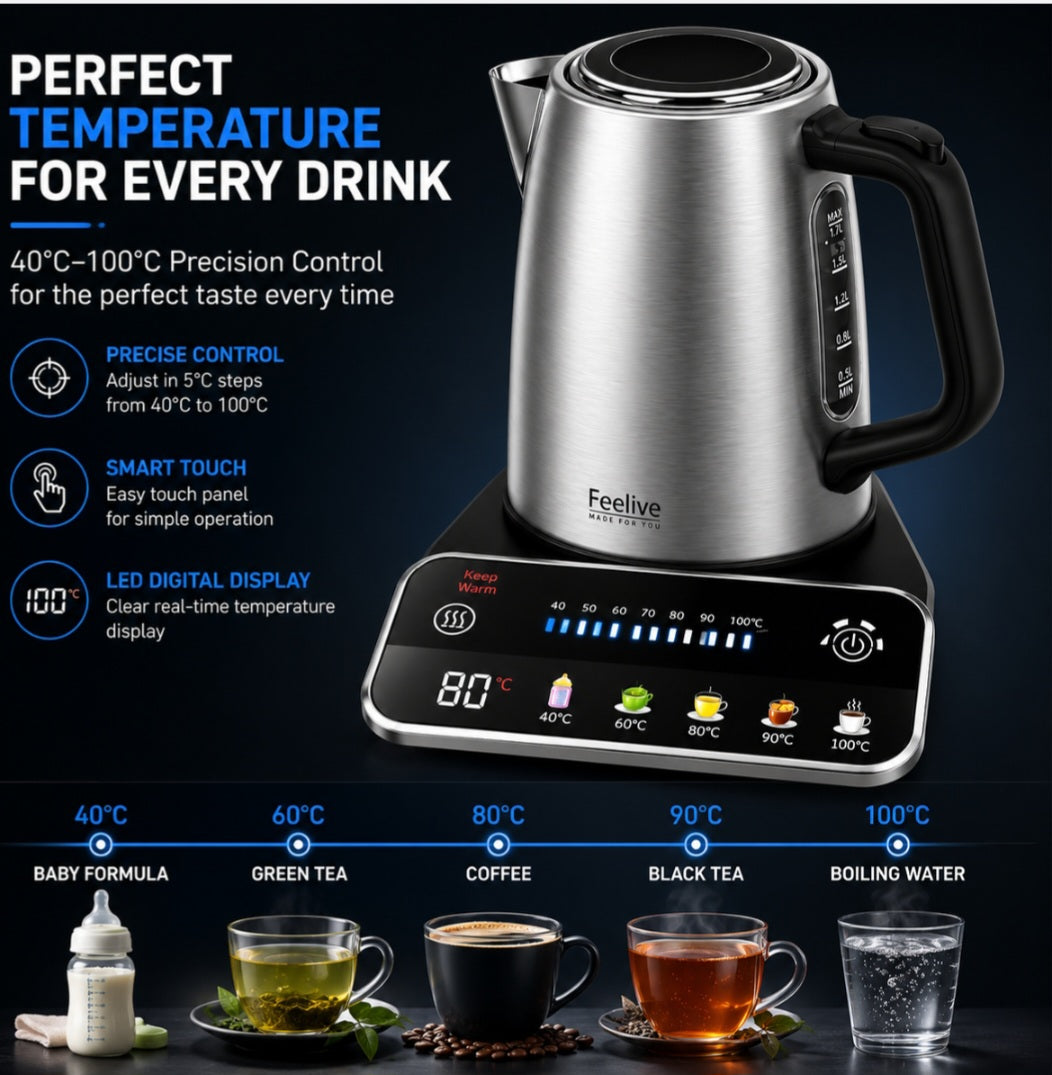 Feelive Smart Digital Stainless Steel Kettle 1.7L with Temperature Control