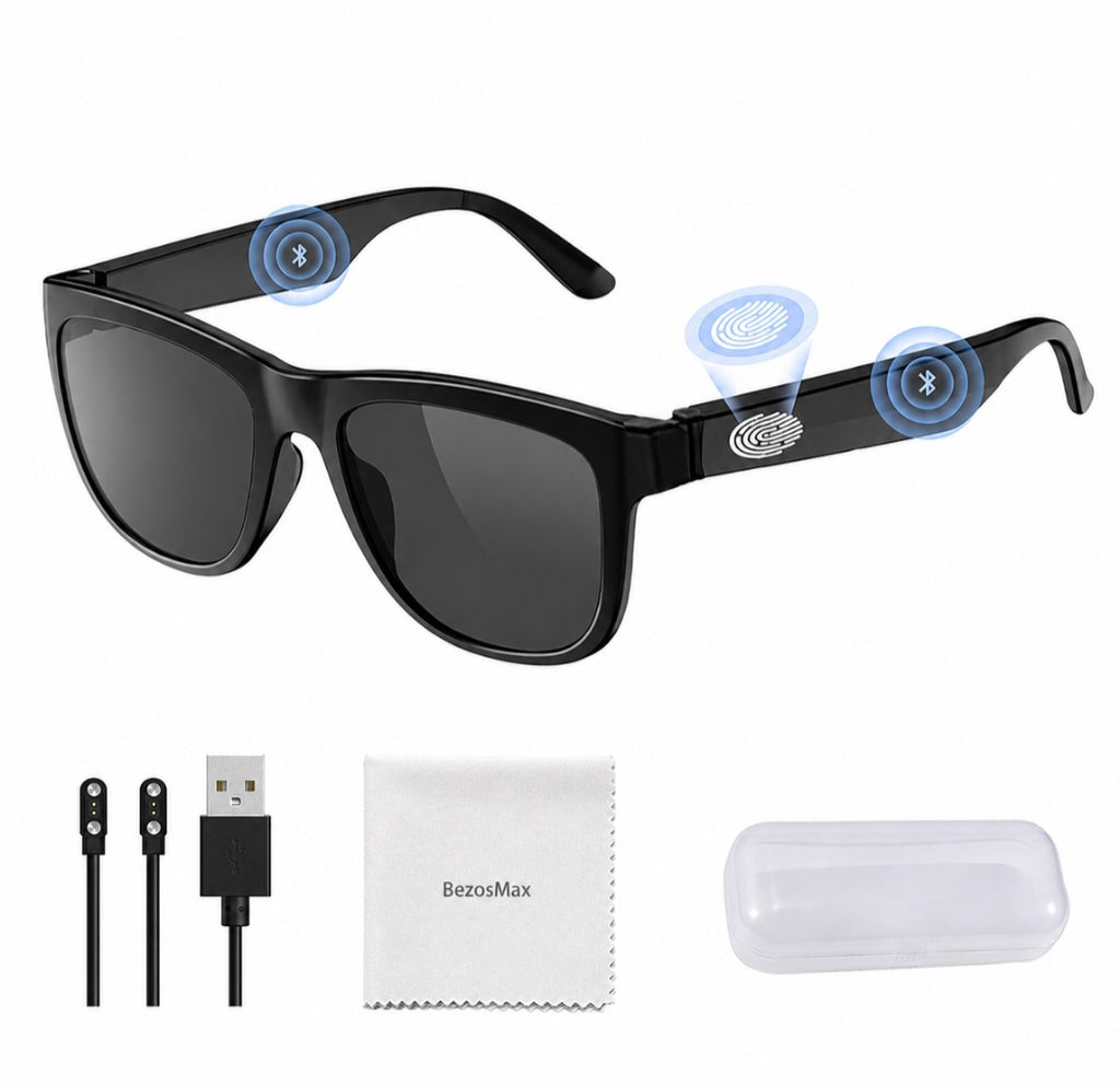 BezosMax Smart Glasses for Men & Women, Bluetooth Sunglasses with Speakers - Black