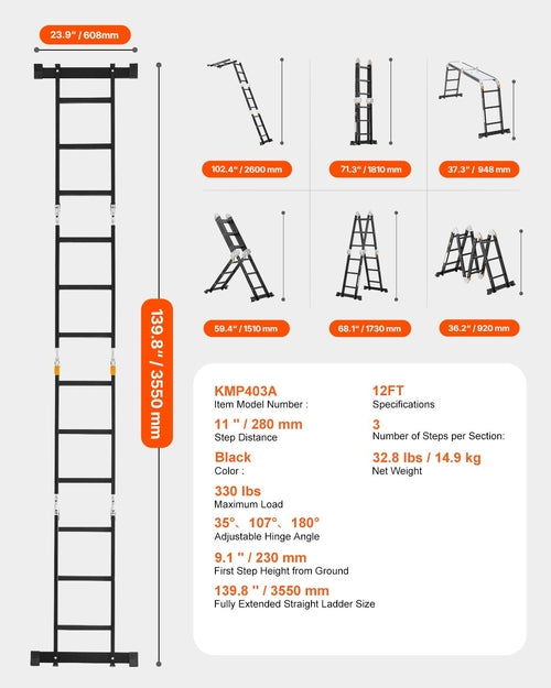 Multi-Purpose Folding Ladder, 7-in-1 Tall Extension Step Ladder, A