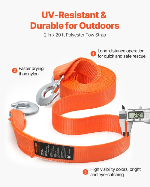 ATV Tow Strap with Hooks, 50.8 mm x 6.1 m, 7711 kg Capacity, Durable