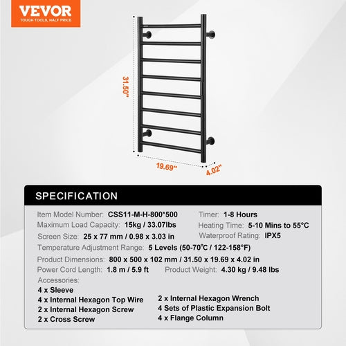 8 Bars Towel Warmer Rack, Wall Mounted Heated Towel Rack for Bathroom,