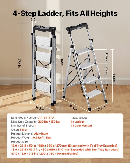 4 Step Ladder, Folding Step Stool with Wide Anti-Slip Pedal and