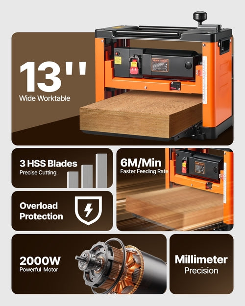 Thickness Planer, Three-Blade, 330 mm Width Worktable Power Benchtop