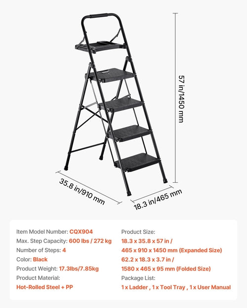 4 Step Ladder, Folding Step Stool with Wide Anti-Slip Pedal, Tool