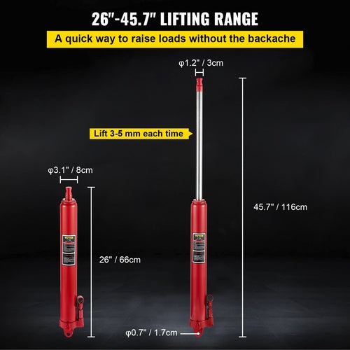 Hydraulic Long Ram Jack, 8 Tons/17363 lbs Capacity, with Single Piston