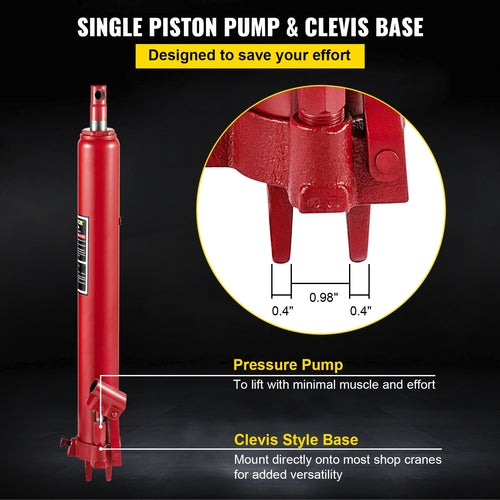 Hydraulic Long Ram Jack, 8 Tons/17363 lbs Capacity, with Single Piston