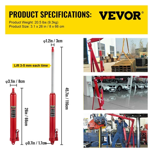 Hydraulic Long Ram Jack, 8 Tons/17363 lbs Capacity, with Single Piston