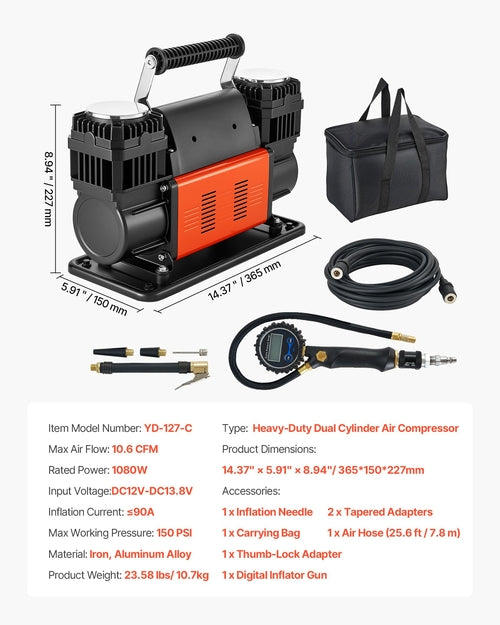 Dual-Cylinder Heavy Duty Air Compressor, 300 L/min Portable Tire